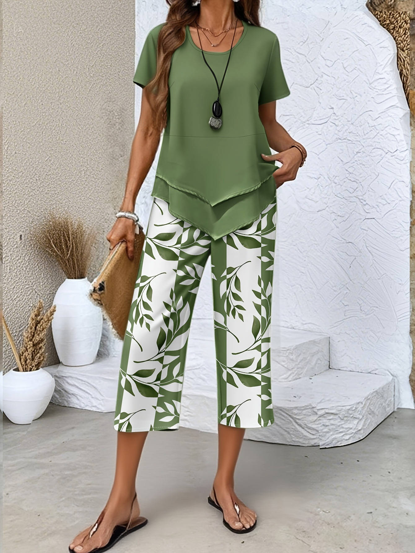 Women's Leaf Print Two Piece Set, Casual Short Sleeve Asymmetric Top and Wide Leg Pants Outfits, Elegant Summer Matching Suit