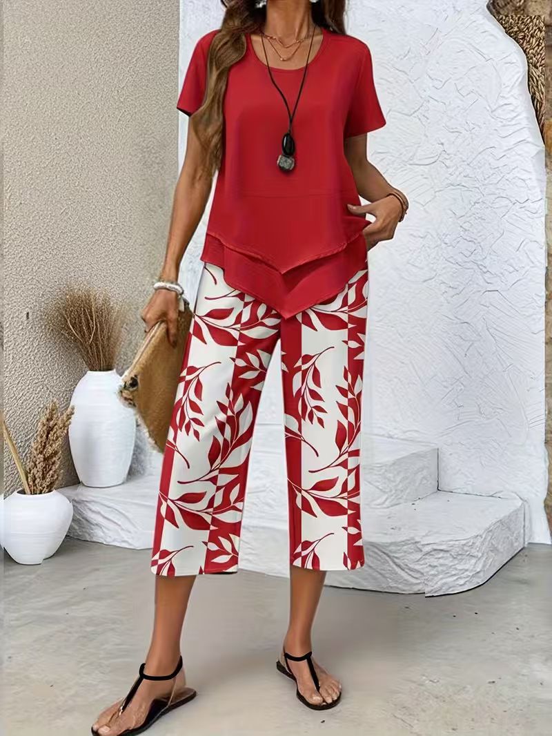 Women's Leaf Print Two Piece Set, Casual Short Sleeve Asymmetric Top and Wide Leg Pants Outfits, Elegant Summer Matching Suit