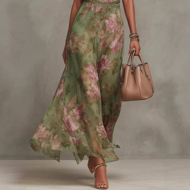 Women's Floral Print Halter Maxi Dress, Elegant Sleeveless High Neck Chiffon Gown, Vintage Flowy Summer Long Dresses
