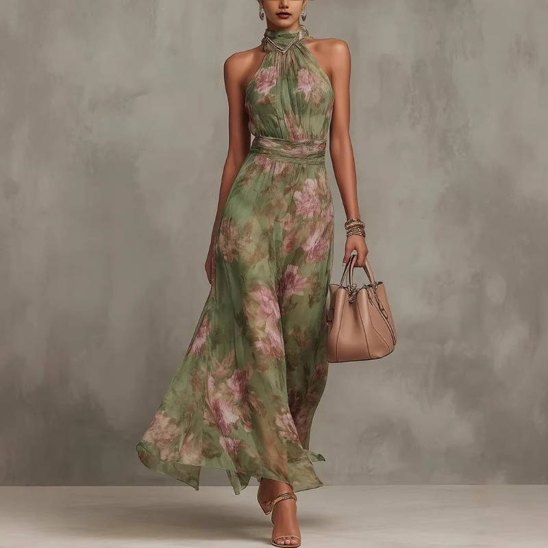 Women's Floral Print Halter Maxi Dress, Elegant Sleeveless High Neck Chiffon Gown, Vintage Flowy Summer Long Dresses