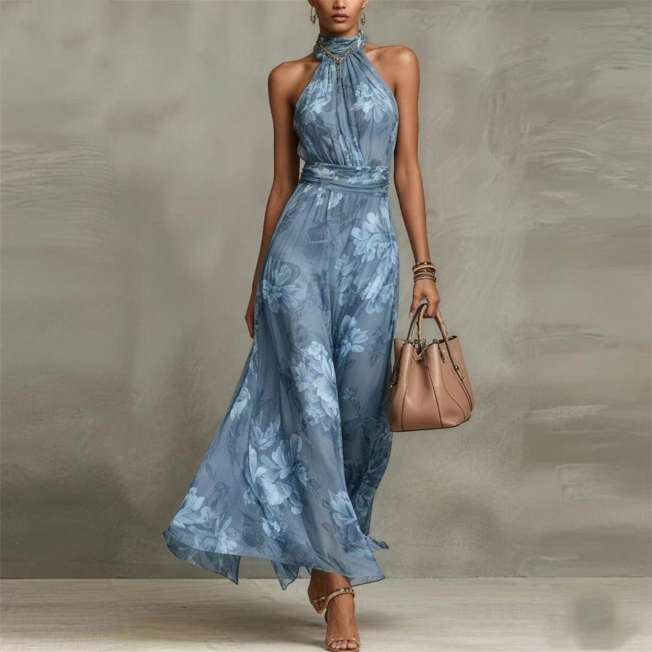 Women's Floral Print Halter Maxi Dress, Elegant Sleeveless High Neck Chiffon Gown, Vintage Flowy Summer Long Dresses