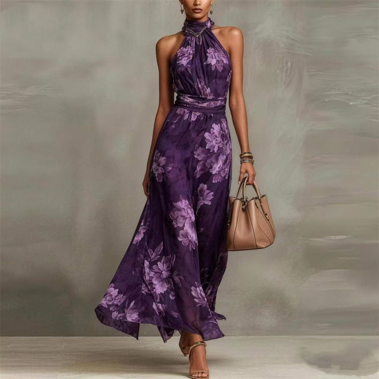 Women's Floral Print Halter Maxi Dress, Elegant Sleeveless High Neck Chiffon Gown, Vintage Flowy Summer Long Dresses