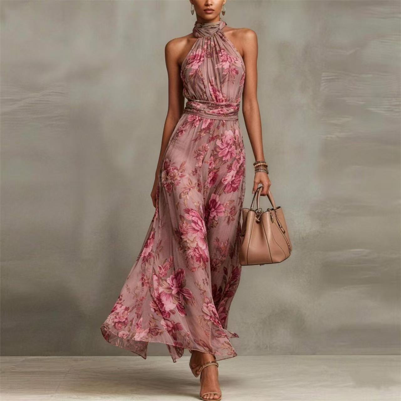 Women's Floral Print Halter Maxi Dress, Elegant Sleeveless High Neck Chiffon Gown, Vintage Flowy Summer Long Dresses