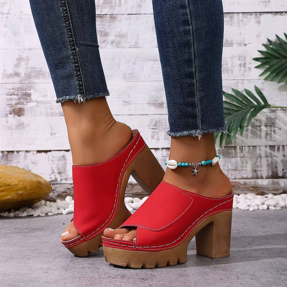 Women's Block Heel Mules, Open Toe Platform Sandals, Chunky High Heel Slip on Slide Shoes