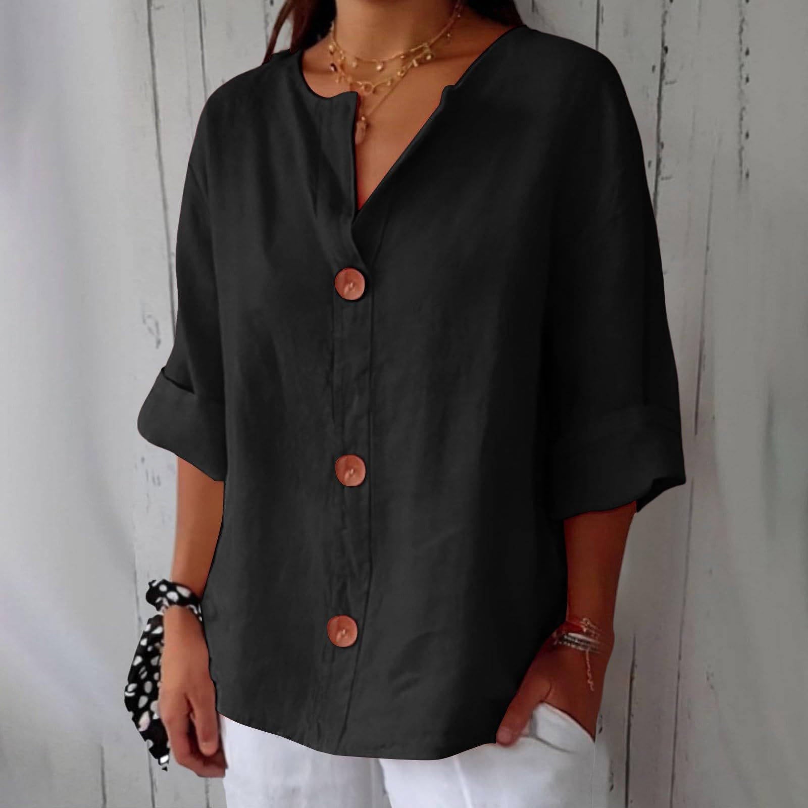 Women's Casual Blouse, Short Sleeve V Neck Top, Lightweight Button Front Summer Shirt