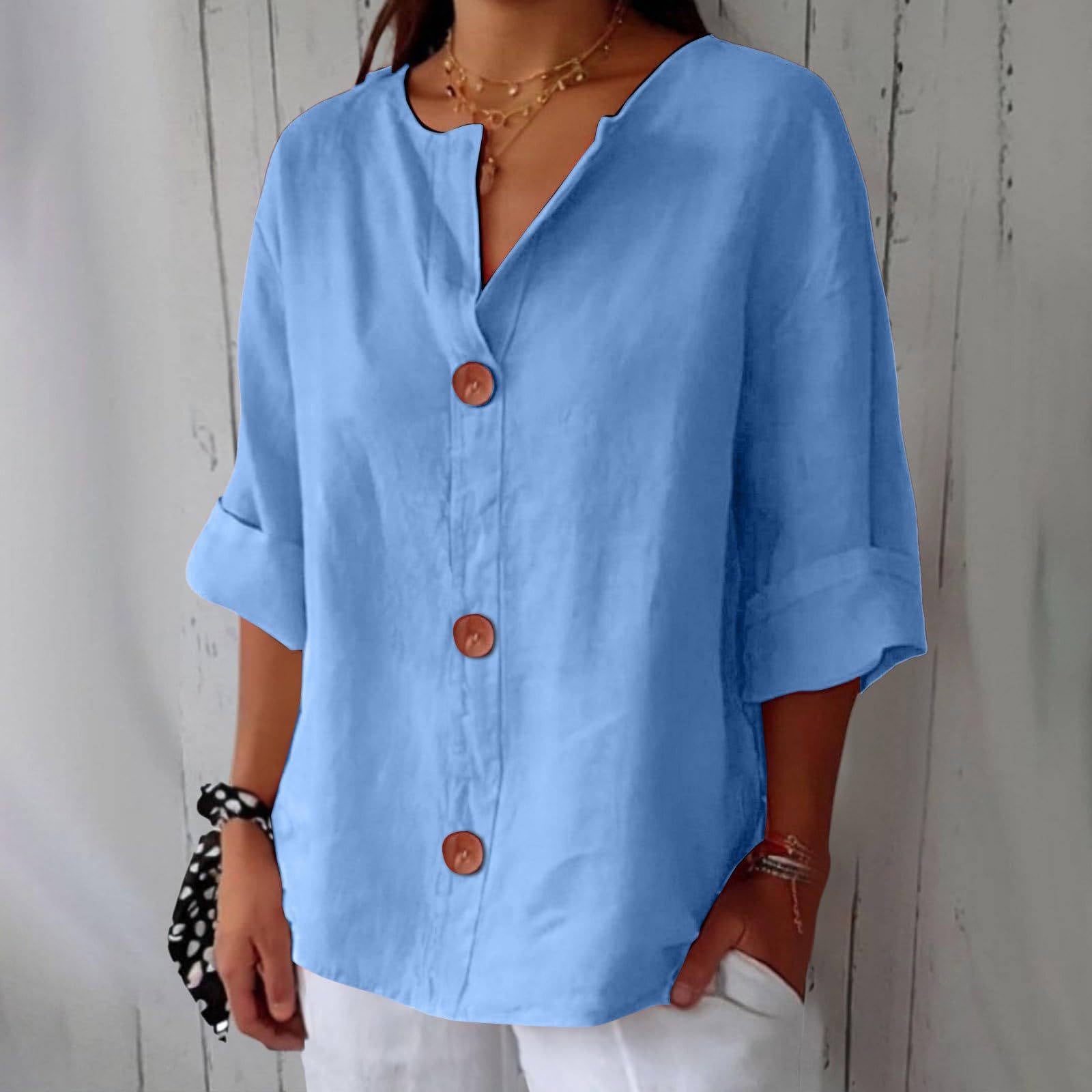 Women's Casual Blouse, Short Sleeve V Neck Top, Lightweight Button Front Summer Shirt