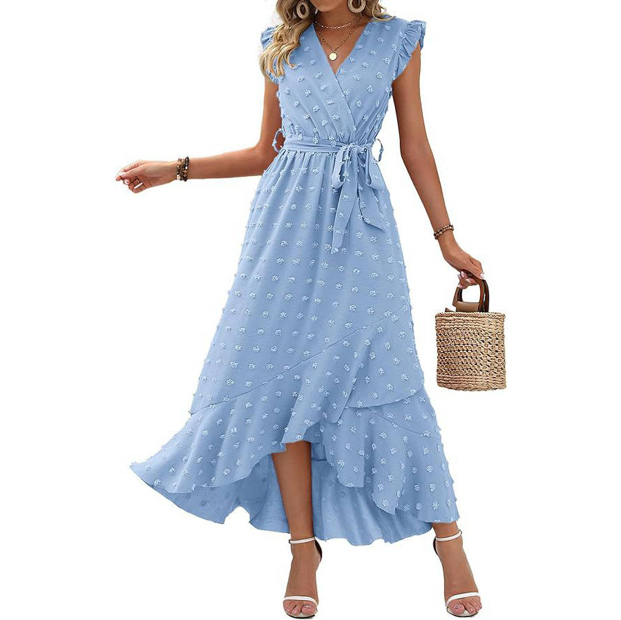 Women's Boho Maxi Dress, Swiss Dot Cap Sleeve Beach Wedding and Cocktail Dress