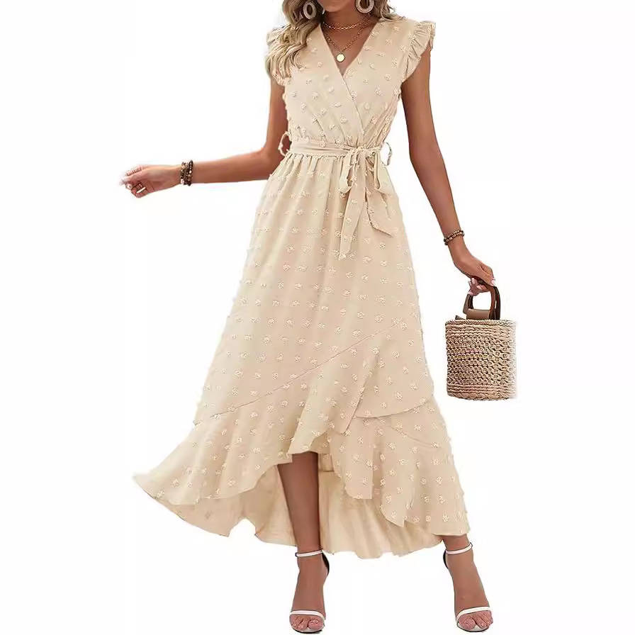 Women's Boho Maxi Dress, Swiss Dot Cap Sleeve Beach Wedding and Cocktail Dress