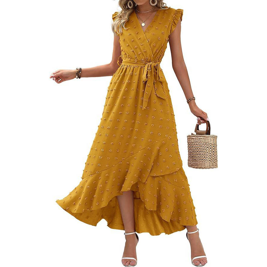 Women's Boho Maxi Dress, Swiss Dot Cap Sleeve Beach Wedding and Cocktail Dress