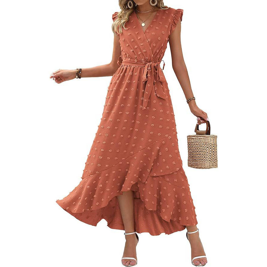 Women's Boho Maxi Dress, Swiss Dot Cap Sleeve Beach Wedding and Cocktail Dress