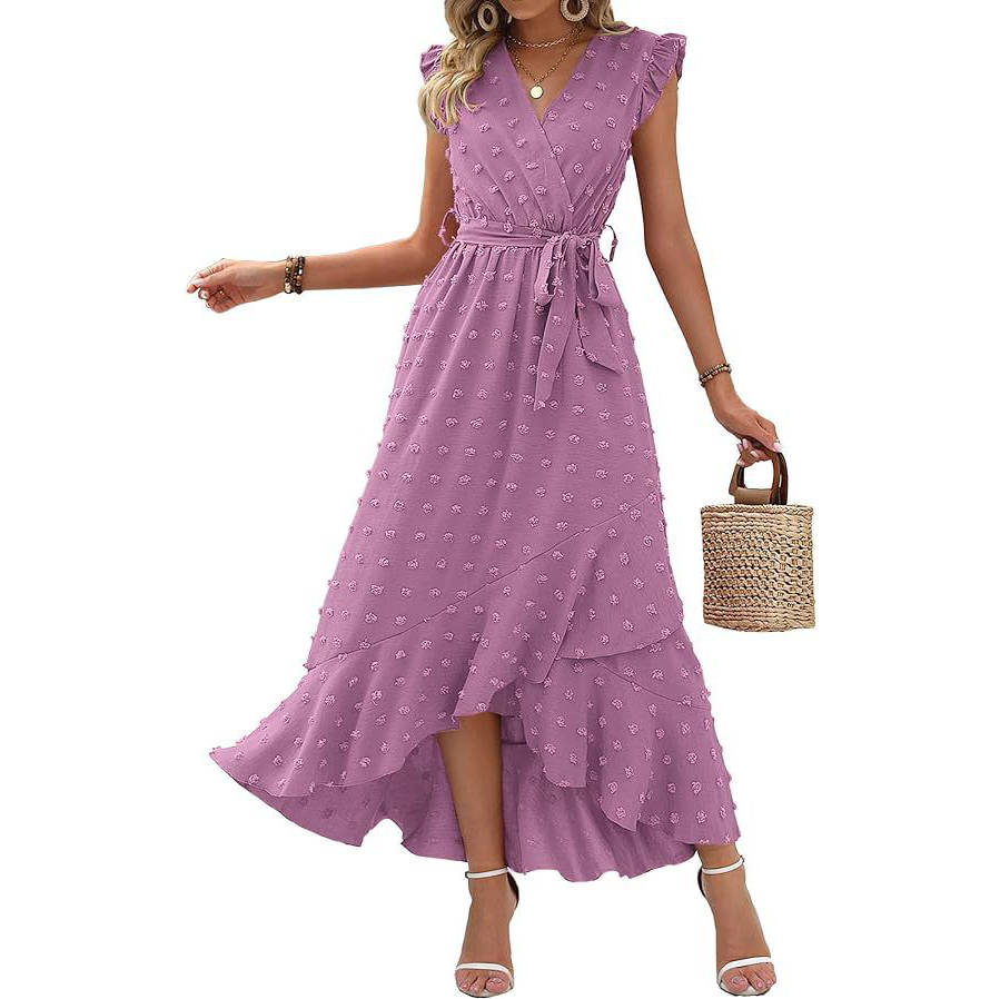 Women's Boho Maxi Dress, Swiss Dot Cap Sleeve Beach Wedding and Cocktail Dress