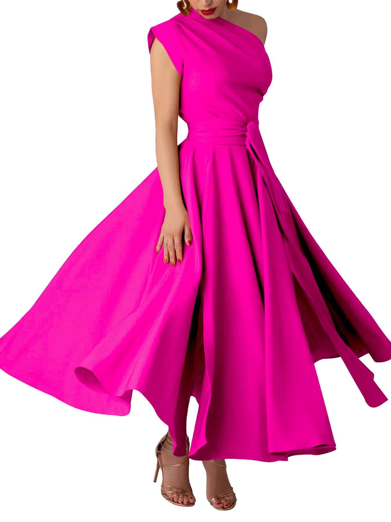 Womens One Shoulder Belted Maxi Dress, Elegant Formal Wedding Guest Dress with Pockets