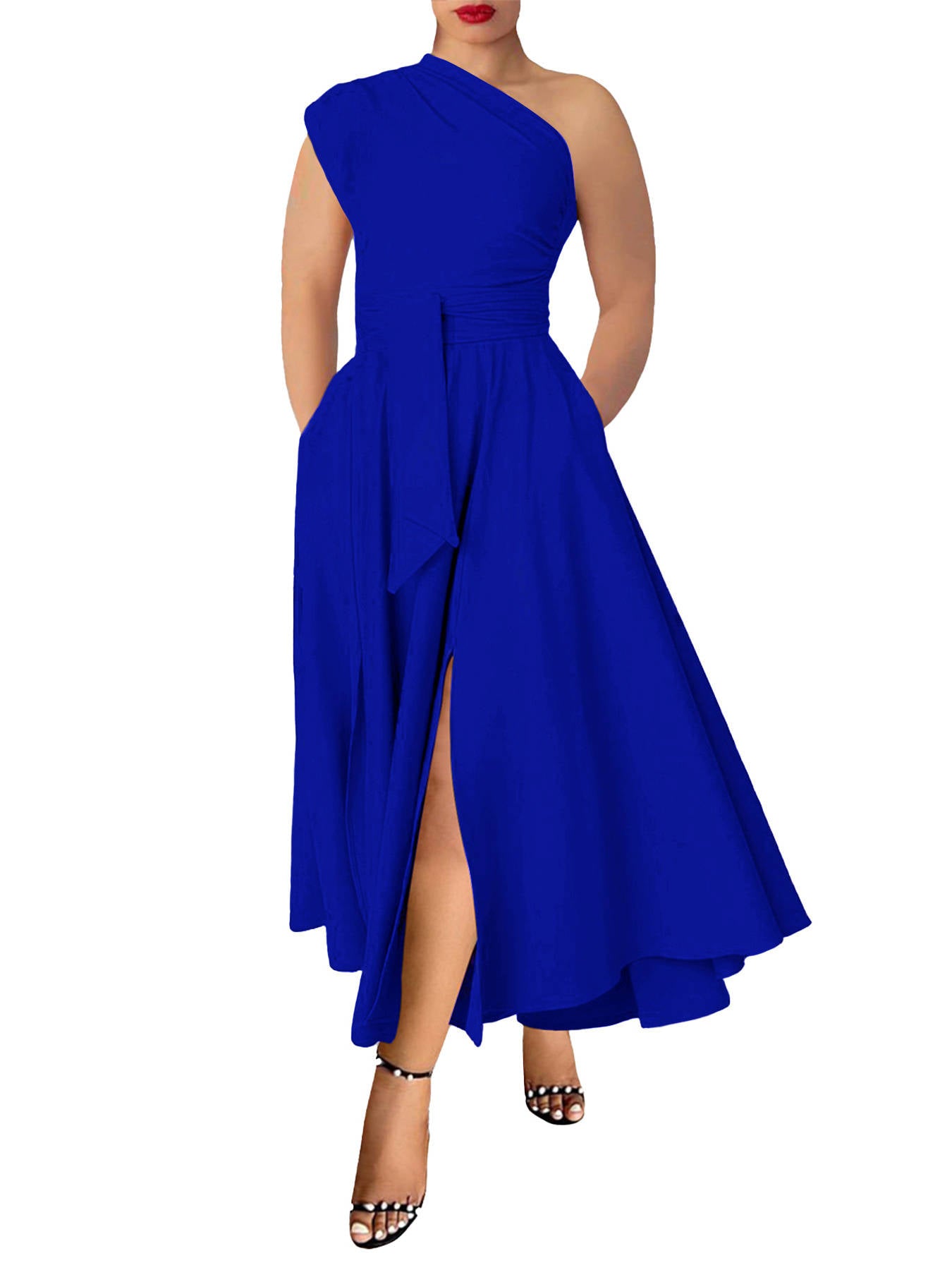 Womens One Shoulder Belted Maxi Dress, Elegant Formal Wedding Guest Dress with Pockets