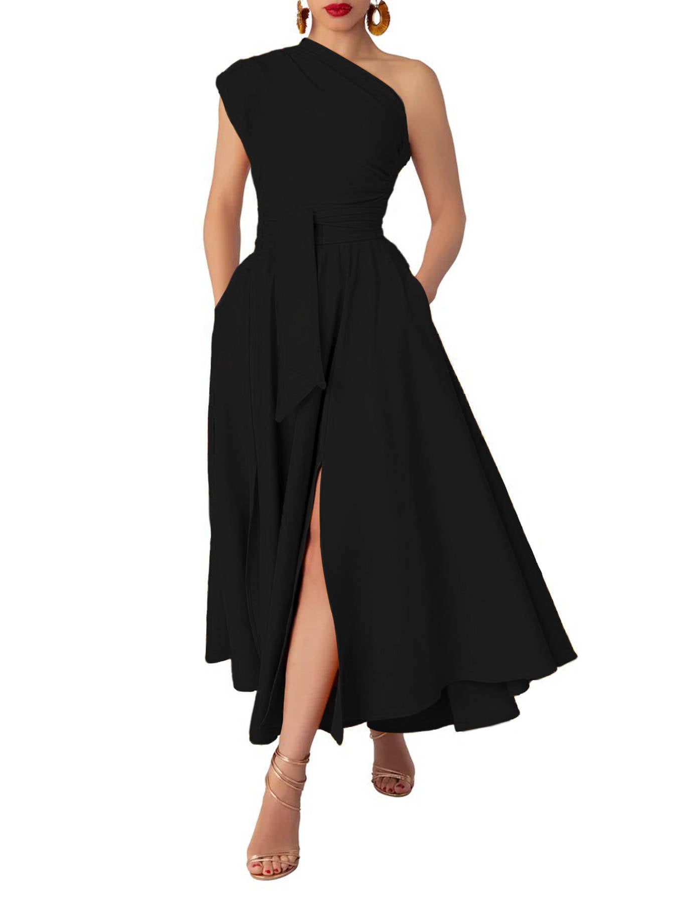 Womens One Shoulder Belted Maxi Dress, Elegant Formal Wedding Guest Dress with Pockets