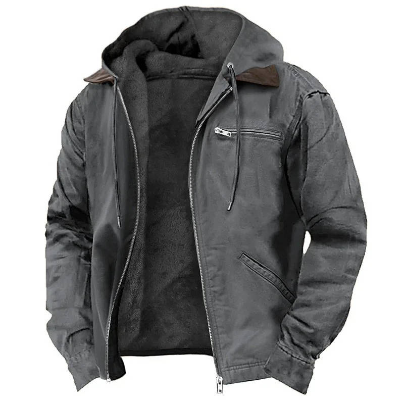 Mens Fleece Jacket with Drawstring Hood and Front Zipper, Two Side Pockets