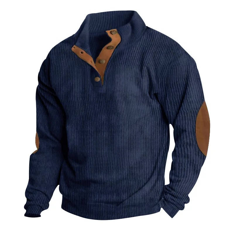Button Neck Pullover Sweater with Fleece Lining and Elbow Patches, Machine Washable