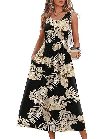 Womens Little Dress, Flowy Casual Midi Beach Vacation Sundress with Pockets