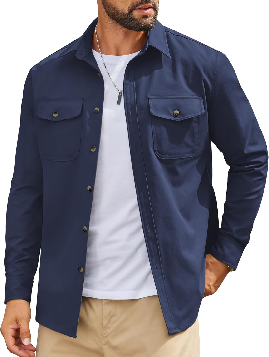 Mens Long Sleeve Button Down Work Shirt, Casual Workwear Shirt with Flap Pockets
