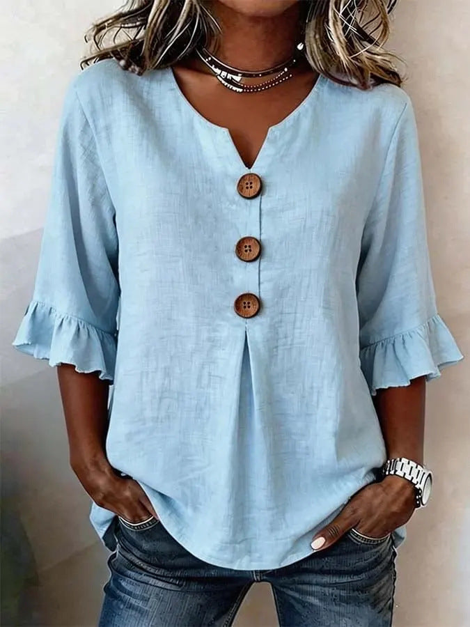 Women's Floral Print Linen Blouse, Vintage V Neck Sleeve Shirt, Casual Ruffle Cuff Button Down Tops