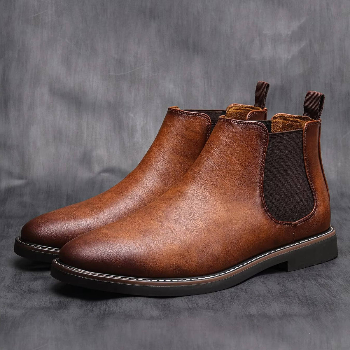 Brown Faux Leather Chelsea Boots with Elastic Side Panels and Welted Sole Construction
