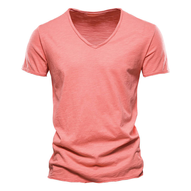 Men's Casual V Neck T Shirt, Breathable Slim Fit Short Sleeve Tee, Lightweight Cotton Slub Basic Top