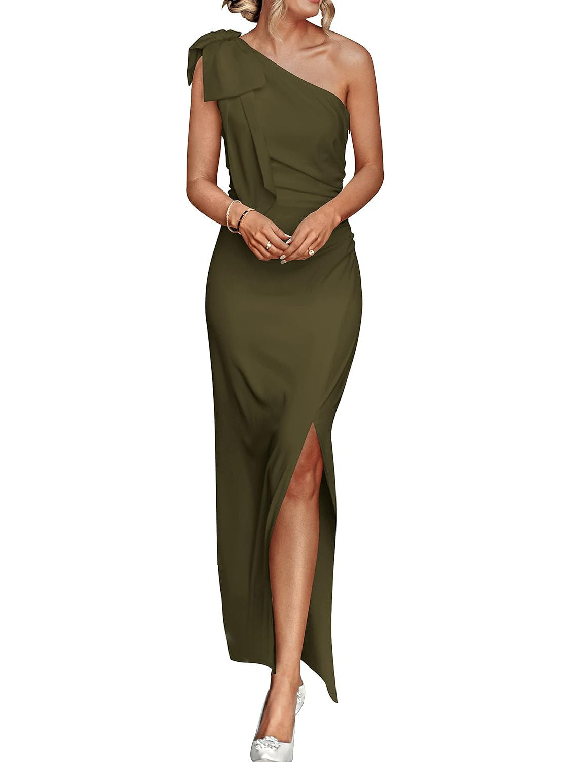 Womens One Shoulder Maxi Dress, Ruched Bodycon Wedding Guest and Formal Dress