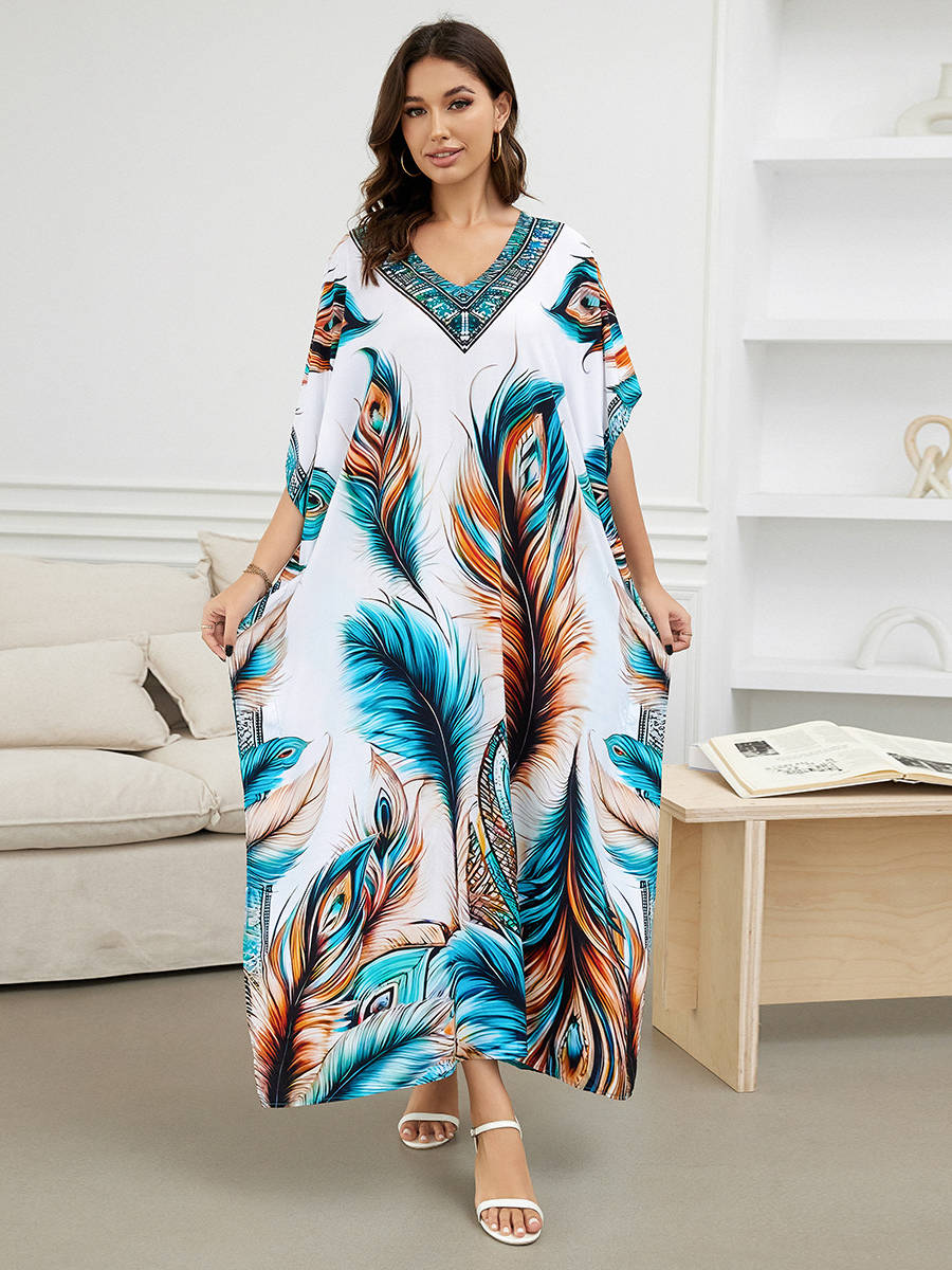 Moomoo Dresses for Women, Plus Size Loose Fit Moroccan Print V Neck Batwing Kaftan Beach Dress