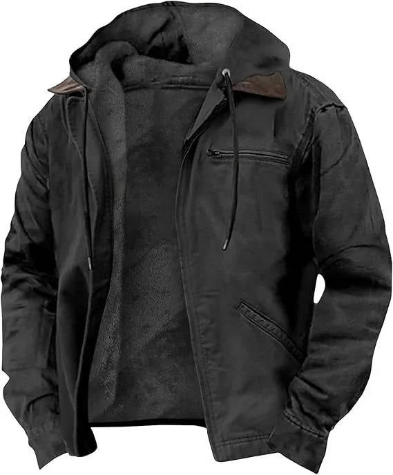 Mens Fleece Jacket with Drawstring Hood and Front Zipper, Two Side Pockets
