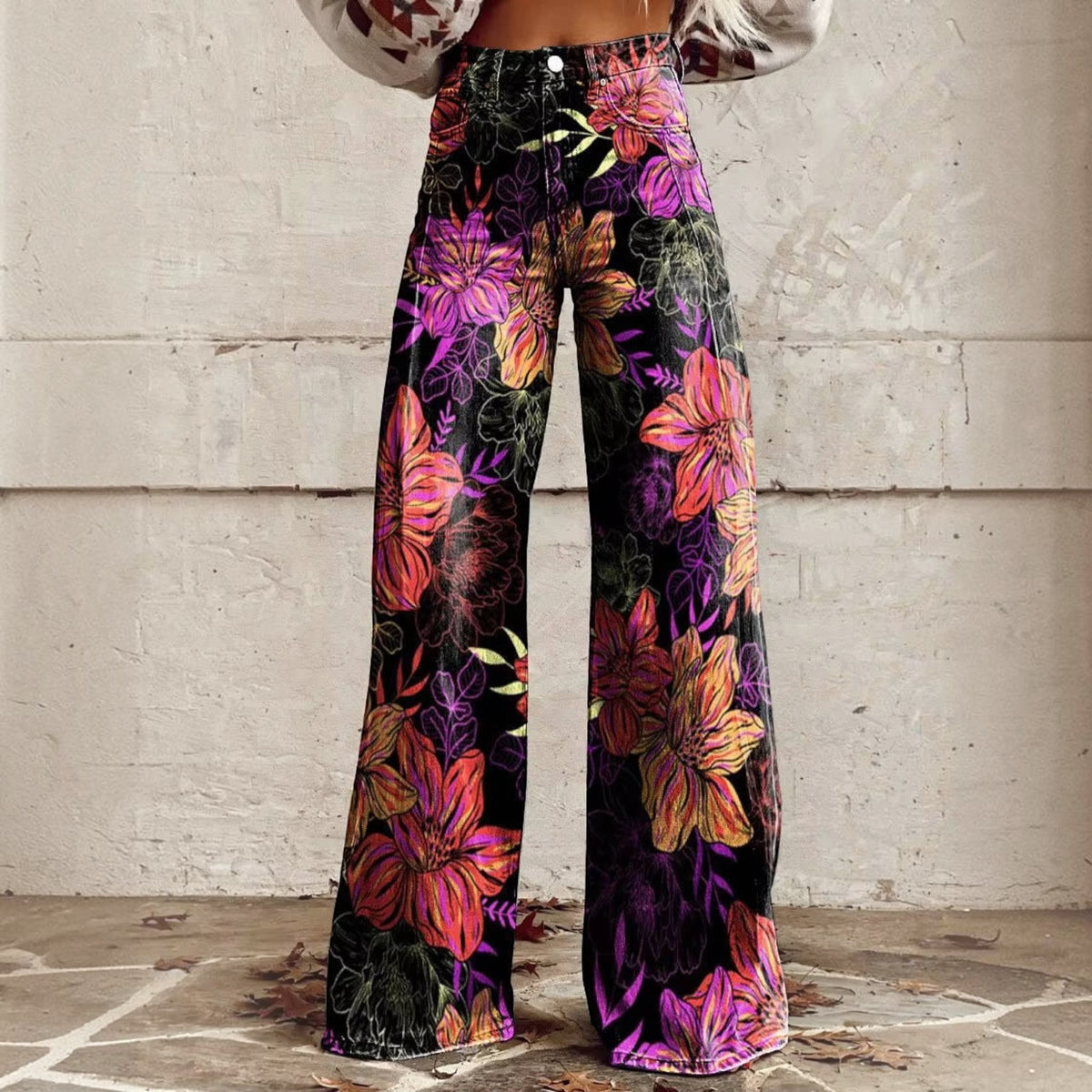 High Waisted Bell Bottom Pants with Floral Print and Stretch Fabric