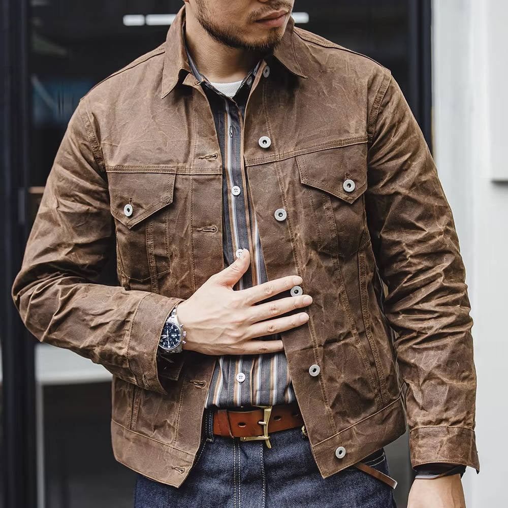 Waxed Cotton Jacket with Metal Button Closure and Turn Down Collar Vintage Brown
