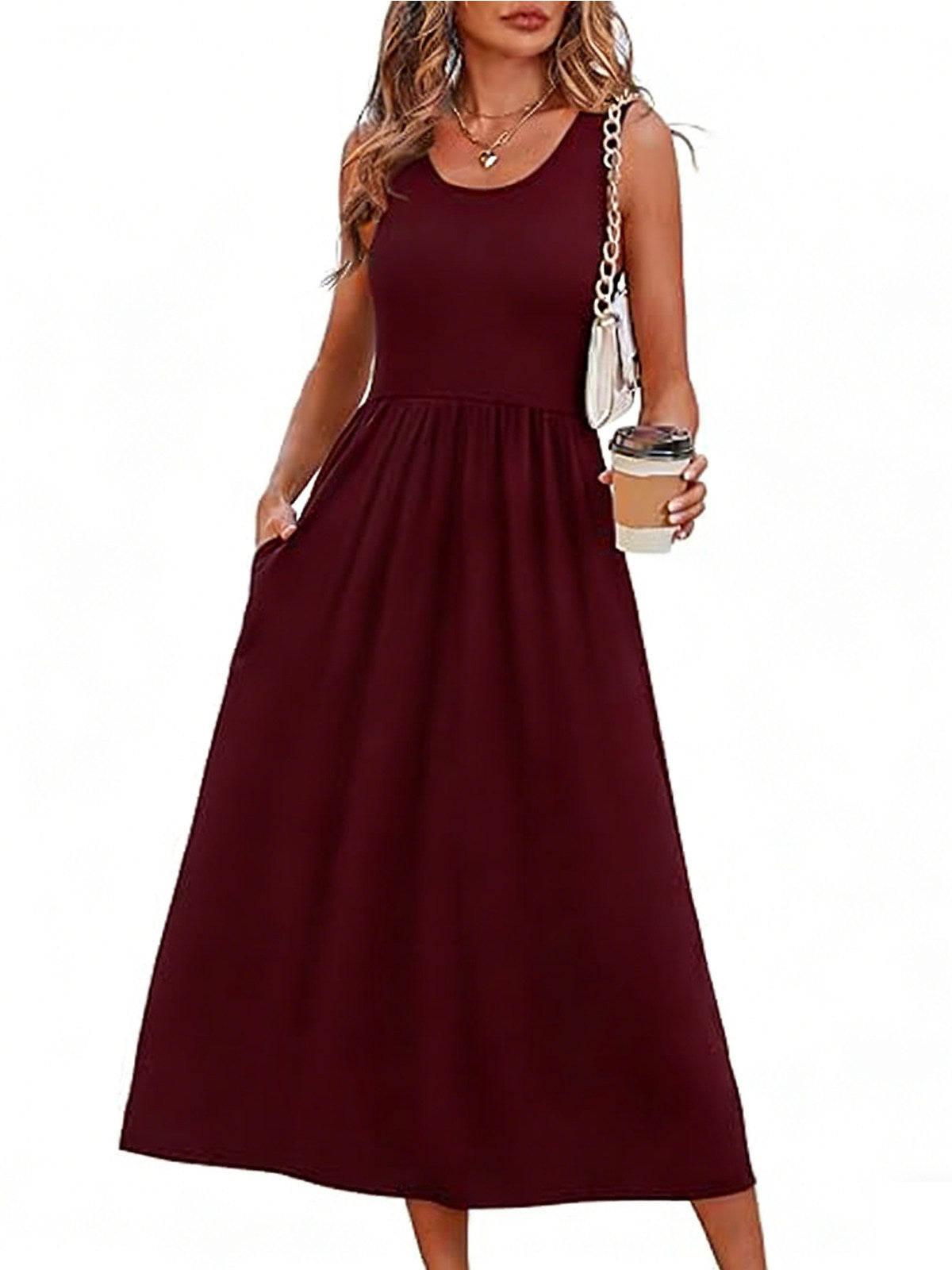 Womens Little Dress, Flowy Casual Midi Beach Vacation Sundress with Pockets
