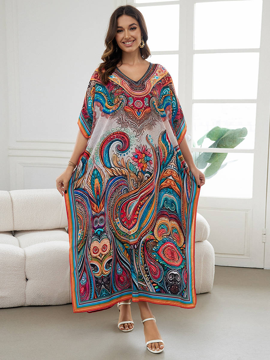 Moomoo Dresses for Women, Plus Size Loose Fit Moroccan Print V Neck Batwing Kaftan Beach Dress