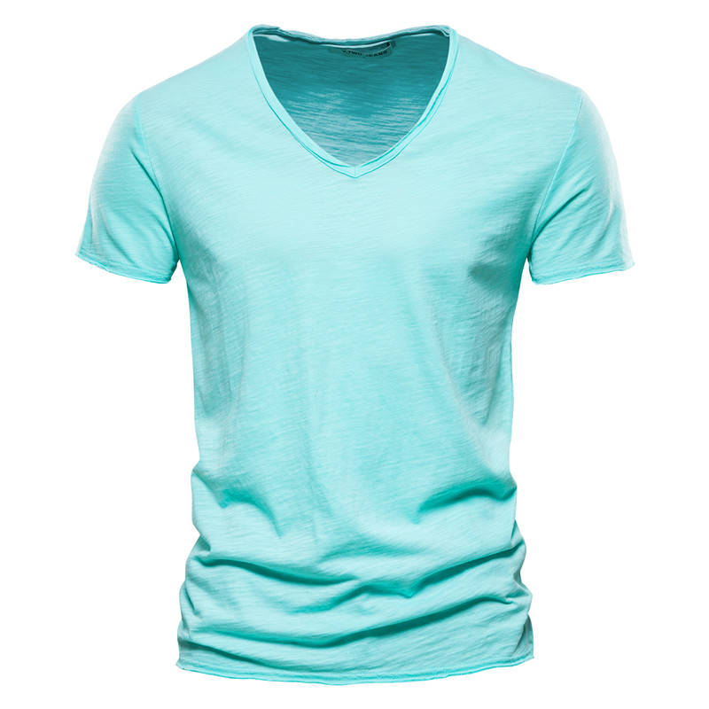 Men's Casual V Neck T Shirt, Breathable Slim Fit Short Sleeve Tee, Lightweight Cotton Slub Basic Top