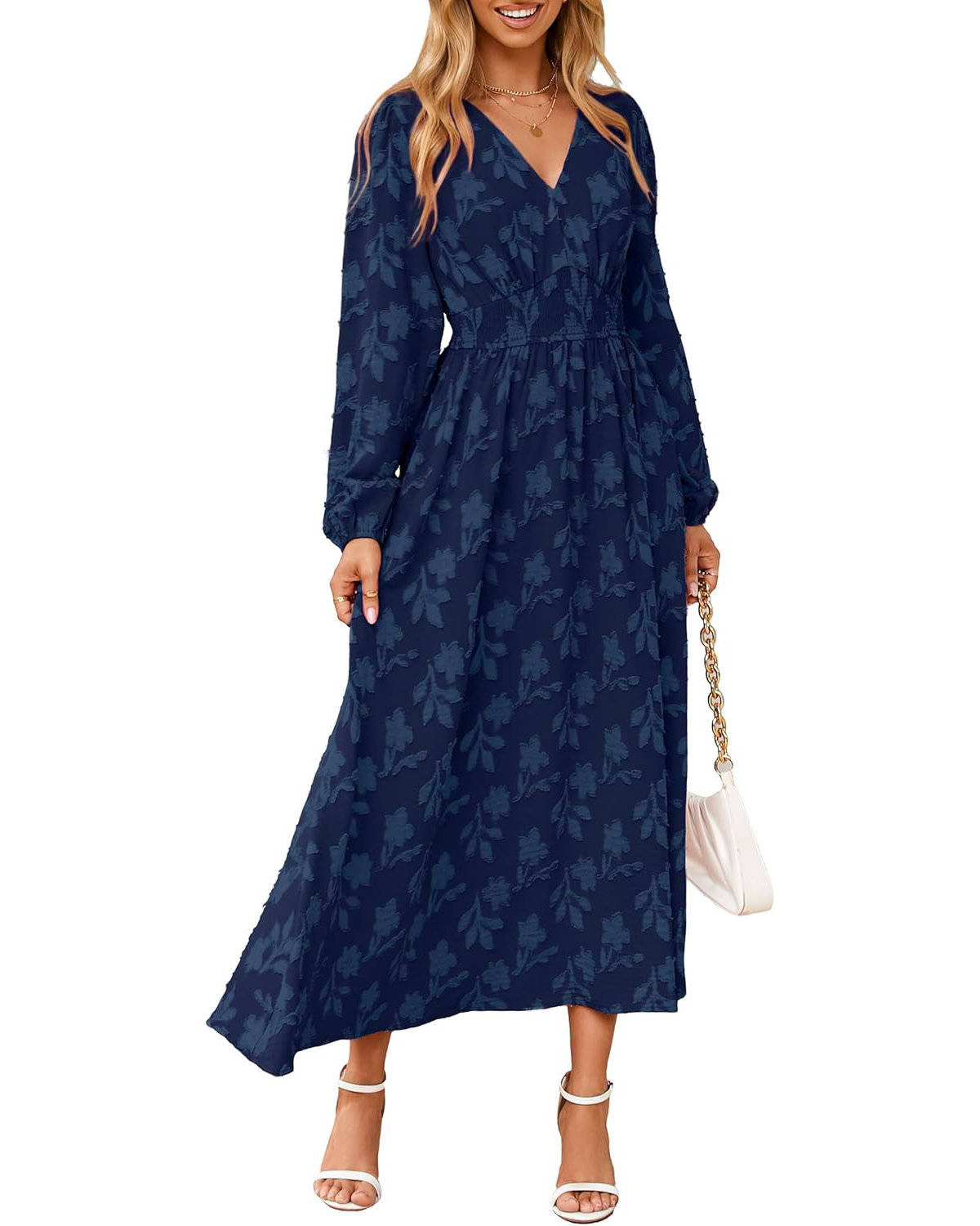 Womens Floral Maxi Dress, Long Sleeve V Neck Empire Waist Boho Fall Wedding Guest Dress with Pockets