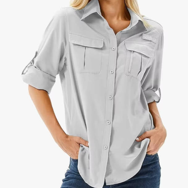 Womens UPF 50 Long Sleeve Shirt with Convertible Sleeves and Mesh Back, Hiking Fishing