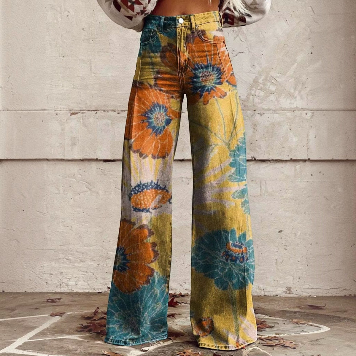 High Waisted Bell Bottom Pants with Floral Print and Stretch Fabric