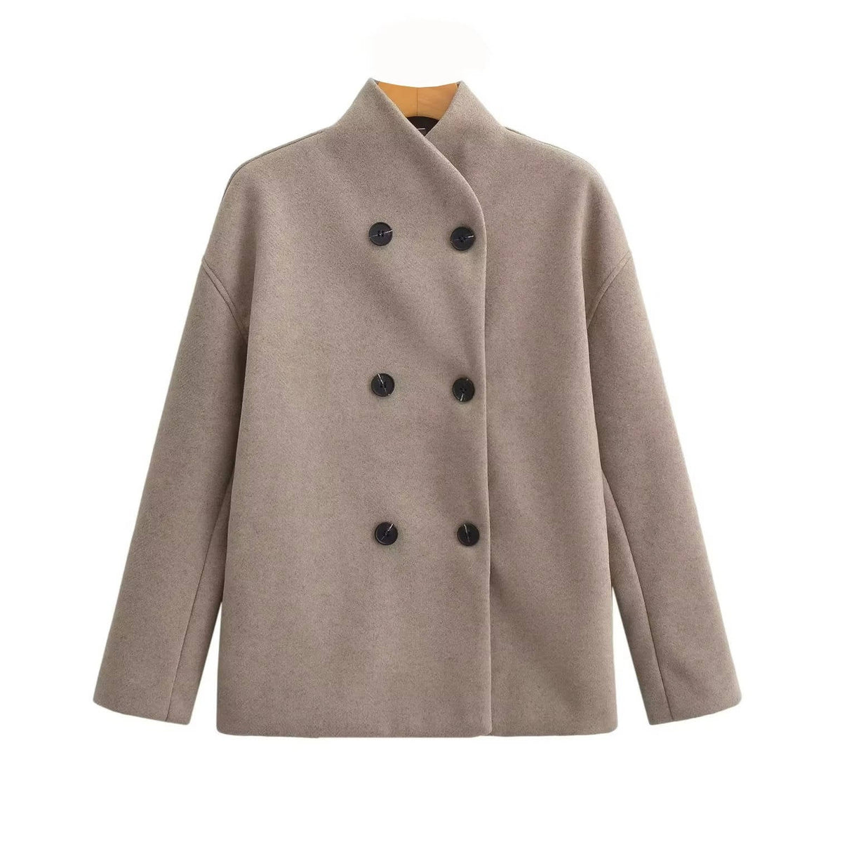 Cropped Wool Blend Peacoat with Double Breasted Closure and Stand Collar