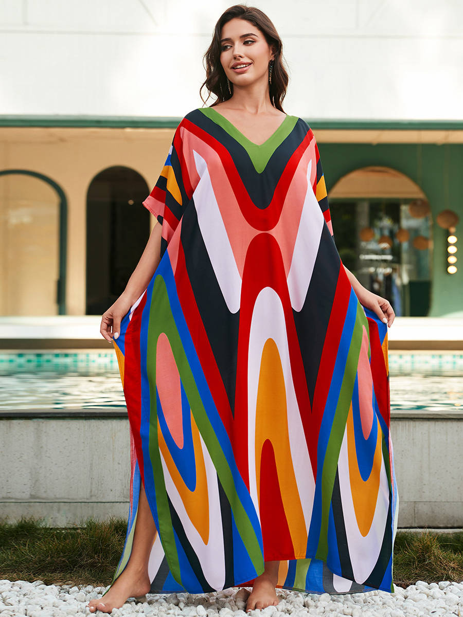 Moomoo Dresses for Women, Plus Size Loose Fit Moroccan Print V Neck Batwing Kaftan Beach Dress