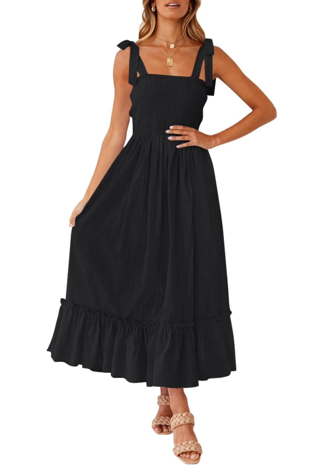 Womens Boho Maxi Dress, Square Neck Spaghetti Strap Ruffle a Line Beach Dress