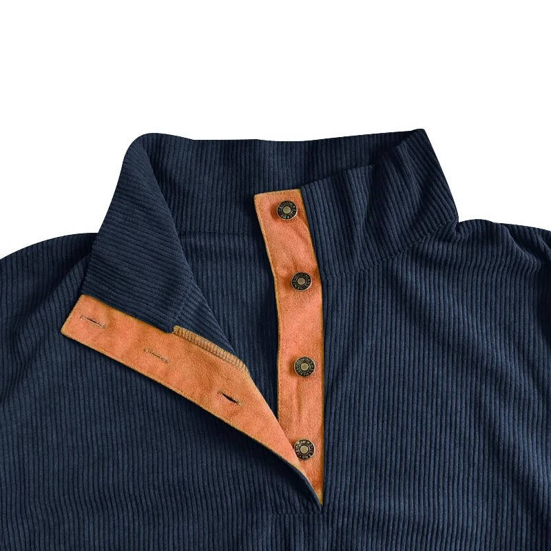 Button Neck Pullover Sweater with Fleece Lining and Elbow Patches, Machine Washable