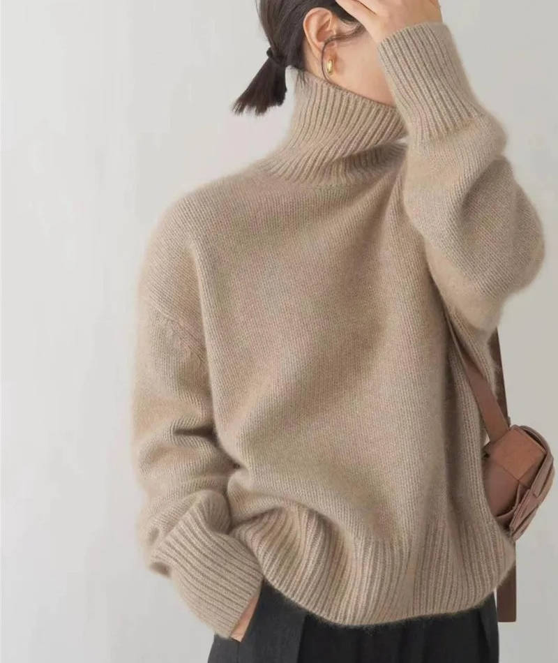 Womens Turtleneck Sweater with Stretch Knit and Natural Fibers, Loose Fit