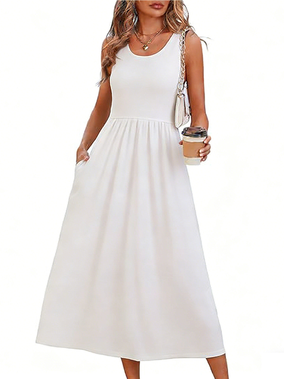 Womens Little Dress, Flowy Casual Midi Beach Vacation Sundress with Pockets