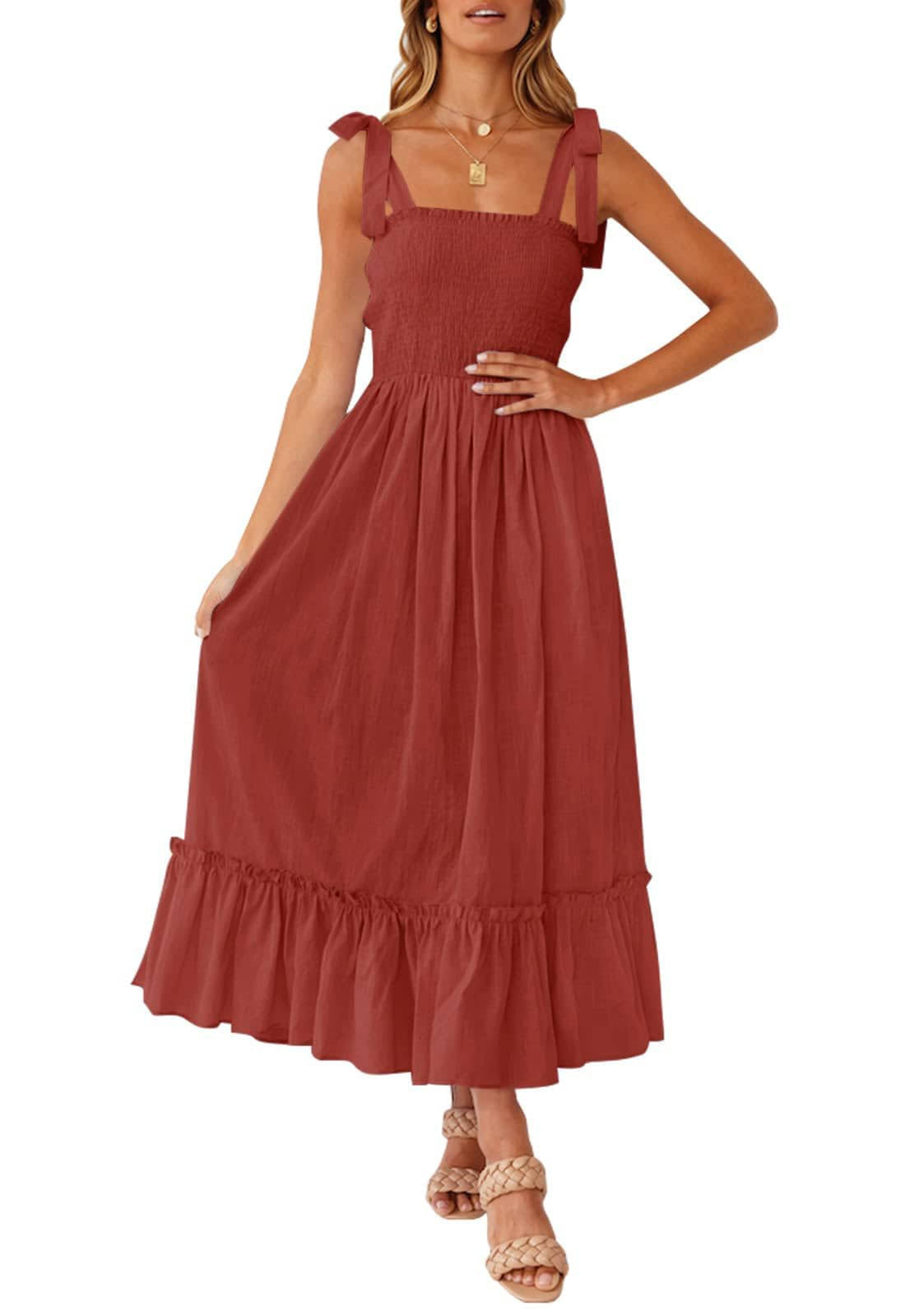 Womens Boho Maxi Dress, Square Neck Spaghetti Strap Ruffle a Line Beach Dress