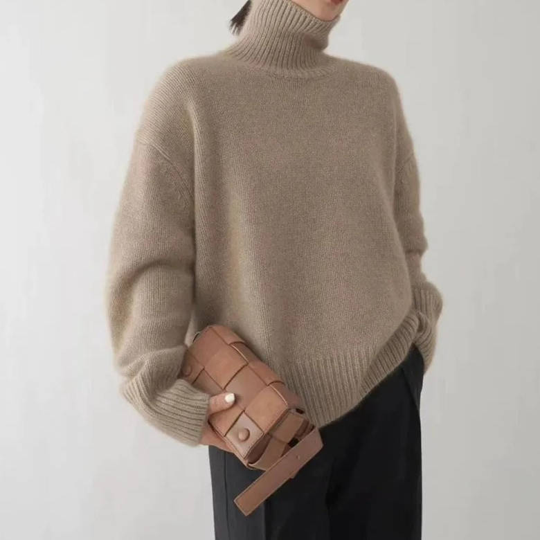 Womens Turtleneck Sweater with Stretch Knit and Natural Fibers, Loose Fit