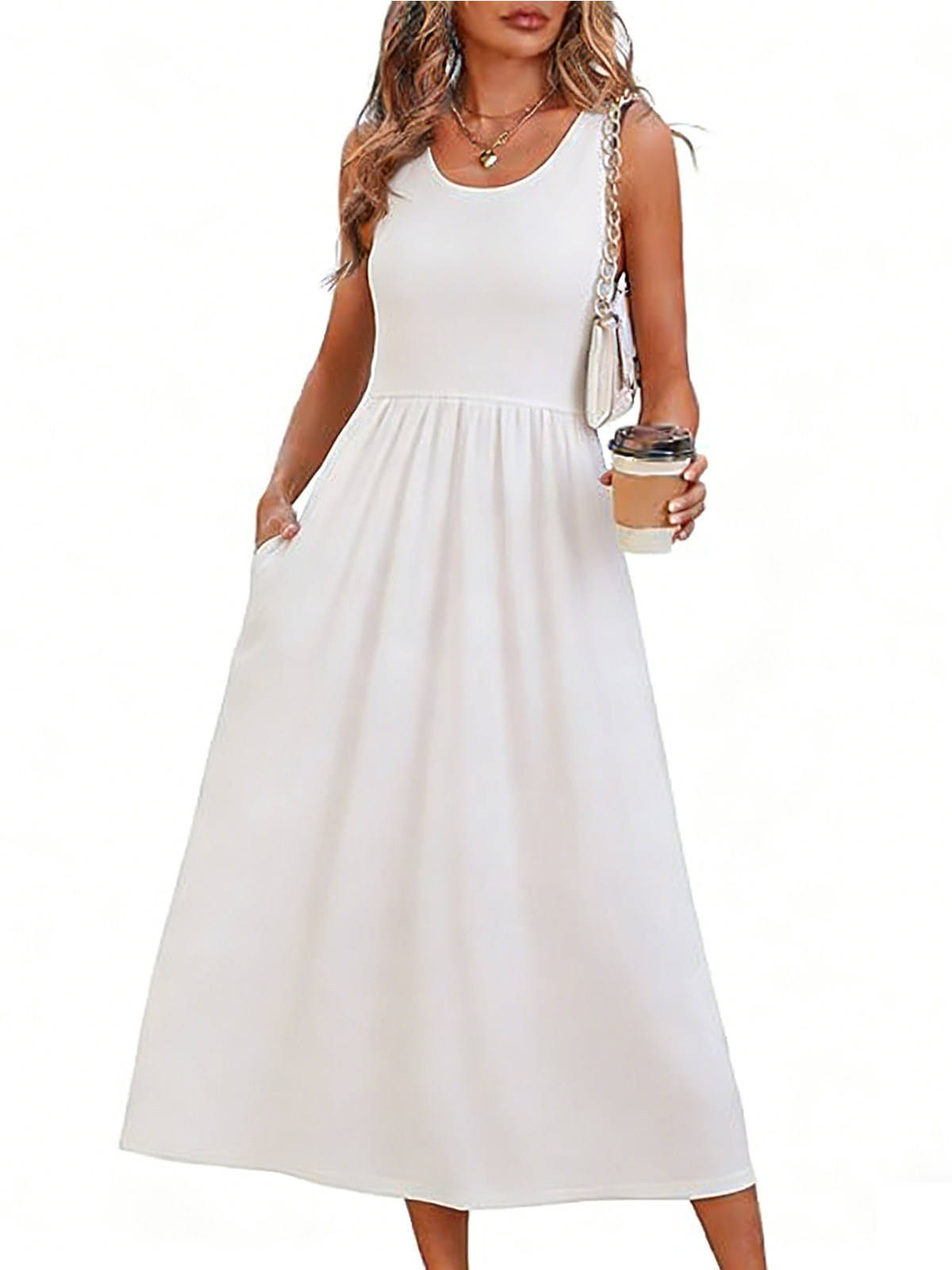 Womens Flowy Midi Dress, Casual Beach Vacation Sundress with Pockets