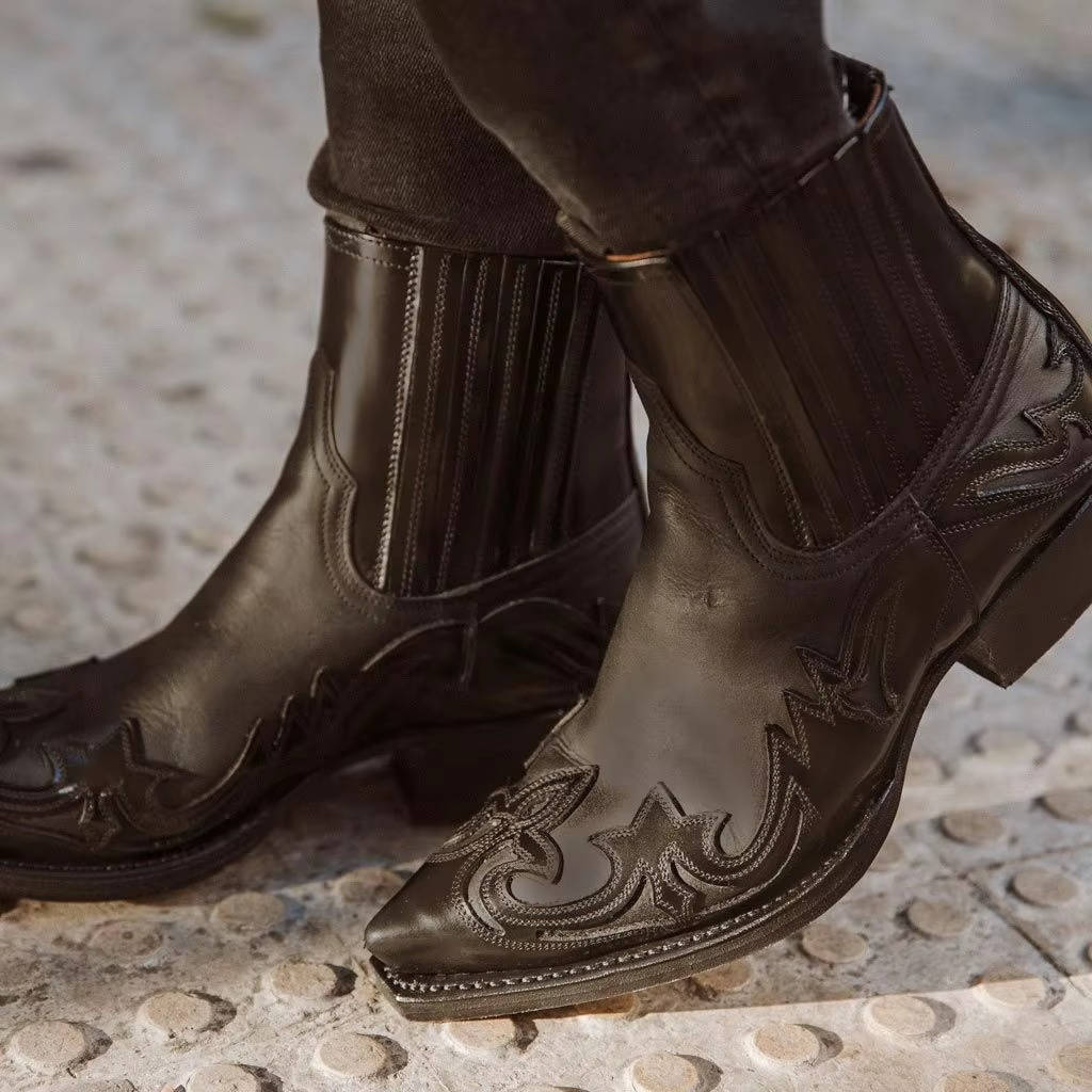 Embroidered Western Ankle Boots with Pointed Toe and Rubber Grip Outsole for Women