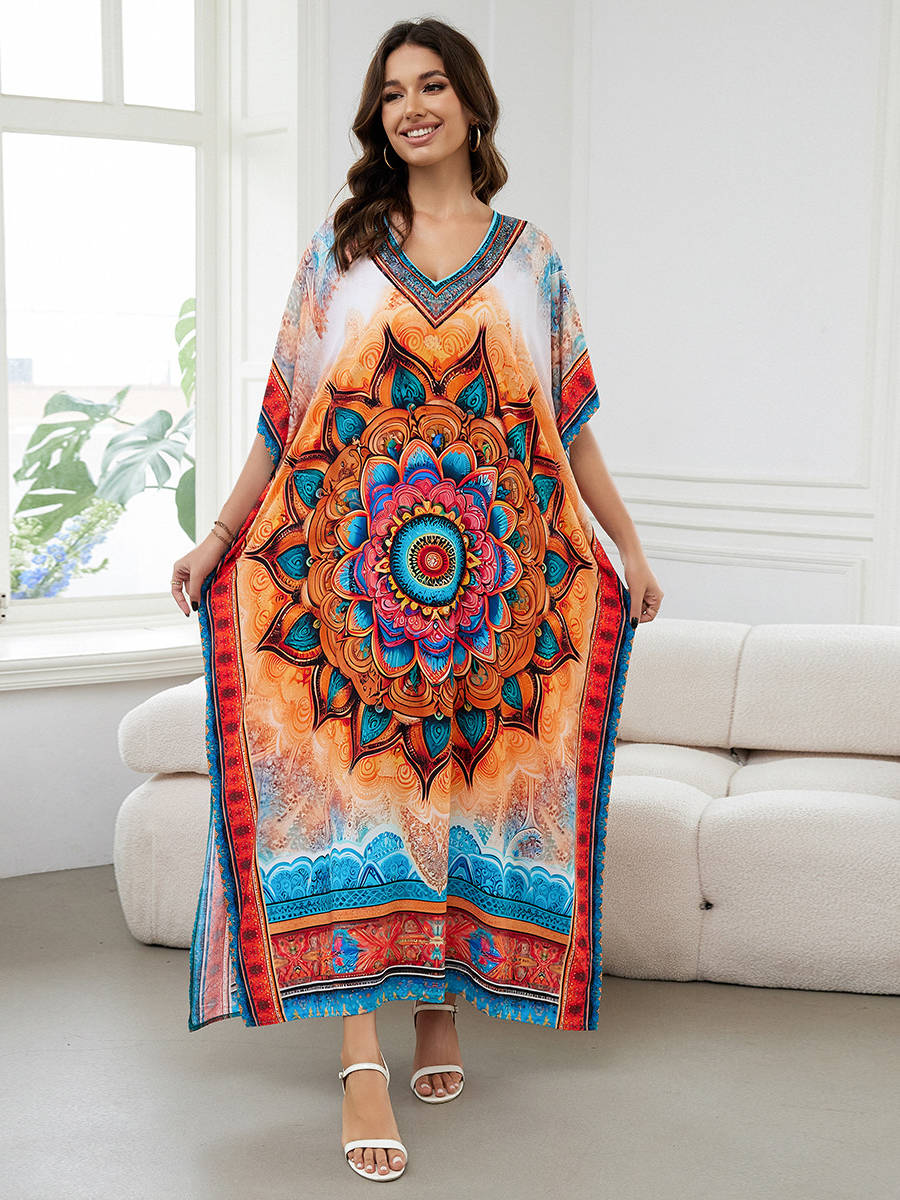 Moomoo Dresses for Women, Plus Size Loose Fit Moroccan Print V Neck Batwing Kaftan Beach Dress