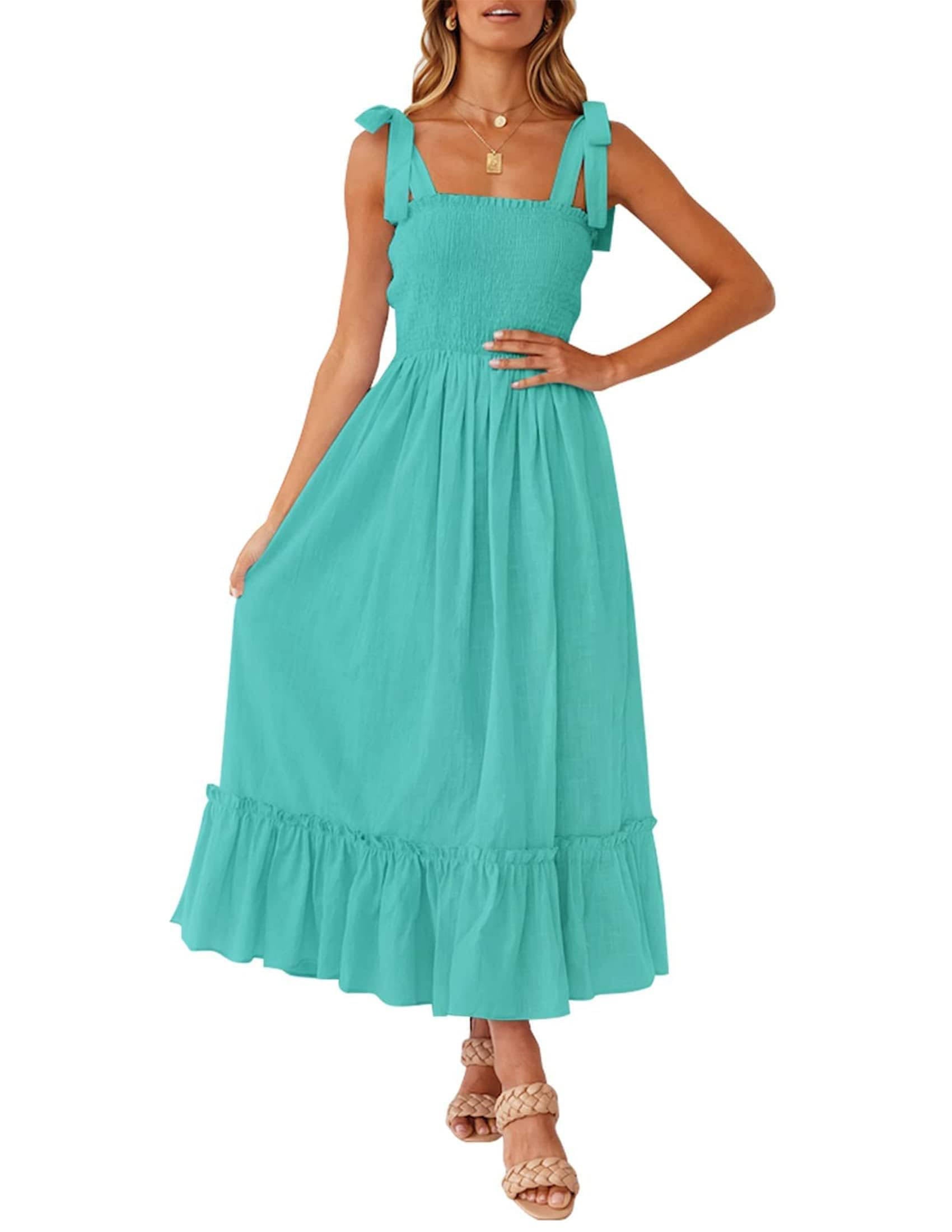 Womens Boho Maxi Dress, Square Neck Spaghetti Strap Ruffle a Line Beach Dress