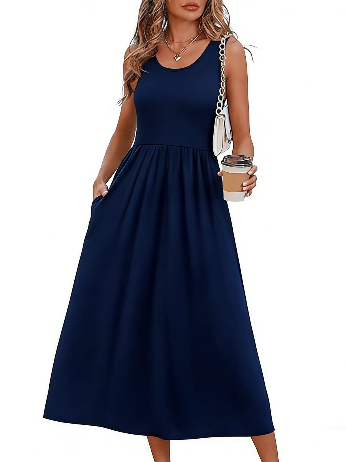 Womens Little Dress, Flowy Casual Midi Beach Vacation Sundress with Pockets