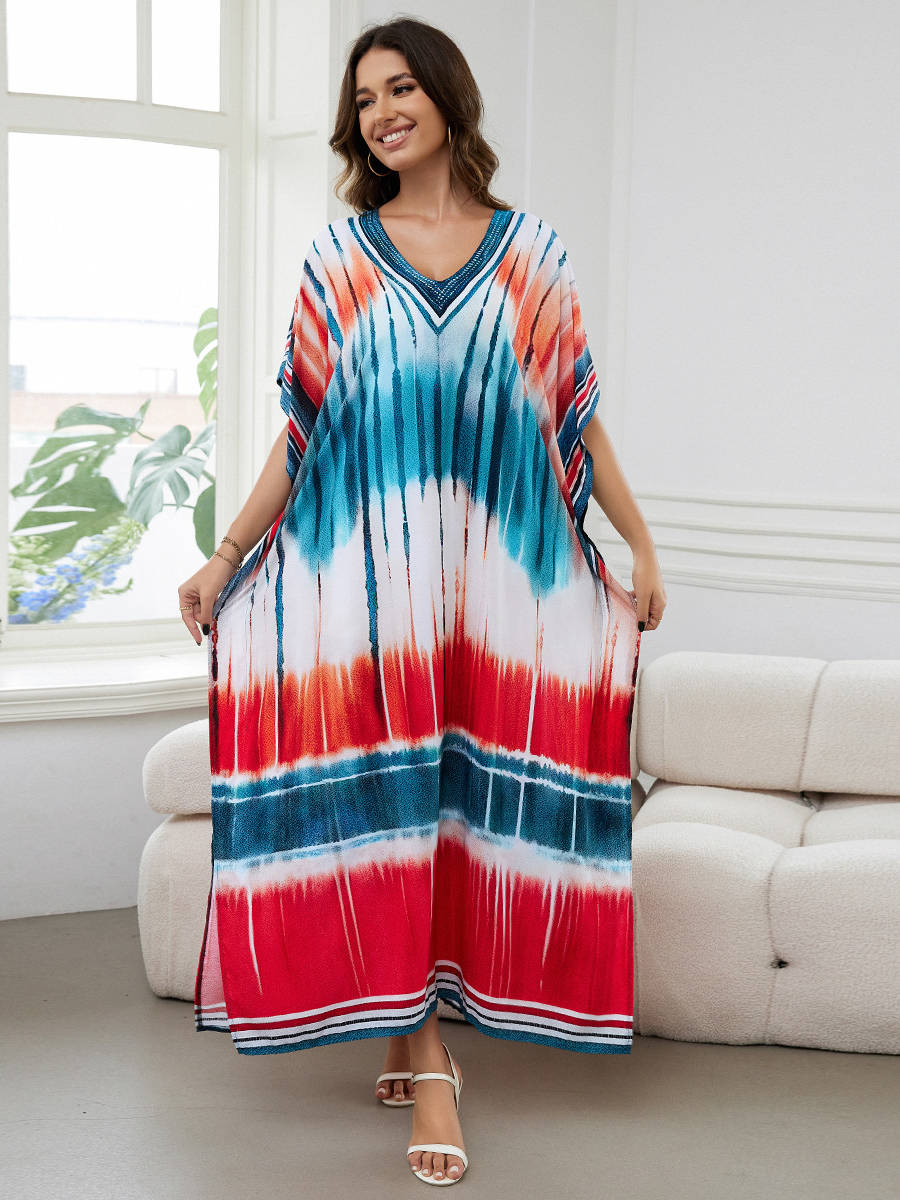 Moomoo Dresses for Women, Plus Size Loose Fit Moroccan Print V Neck Batwing Kaftan Beach Dress